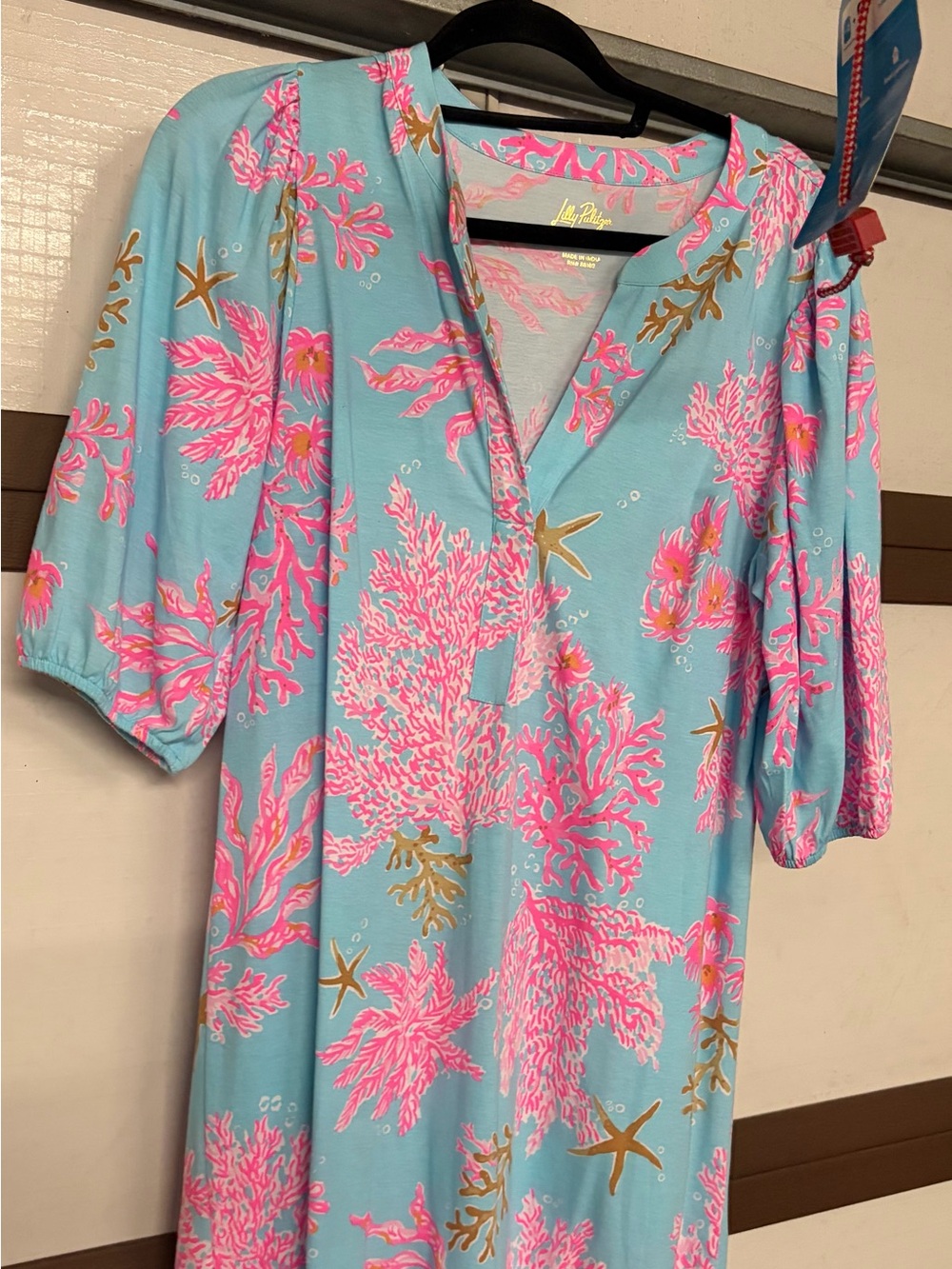 Lilly Pulitzer Aqua Tunic with Pink Coral and Gold Starfish Print